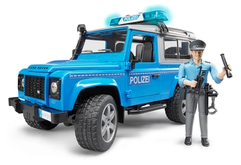 BRUDER 02597 Land Rover Defender policyjny niebiesko srebrny z figurką policjanta i modułem 02802